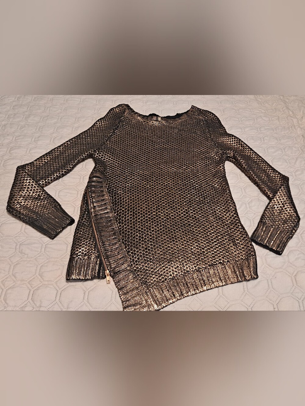 Saks Fifth Avenue Metallic Bronze Knit Side-Zip Women's Sweater Sz M